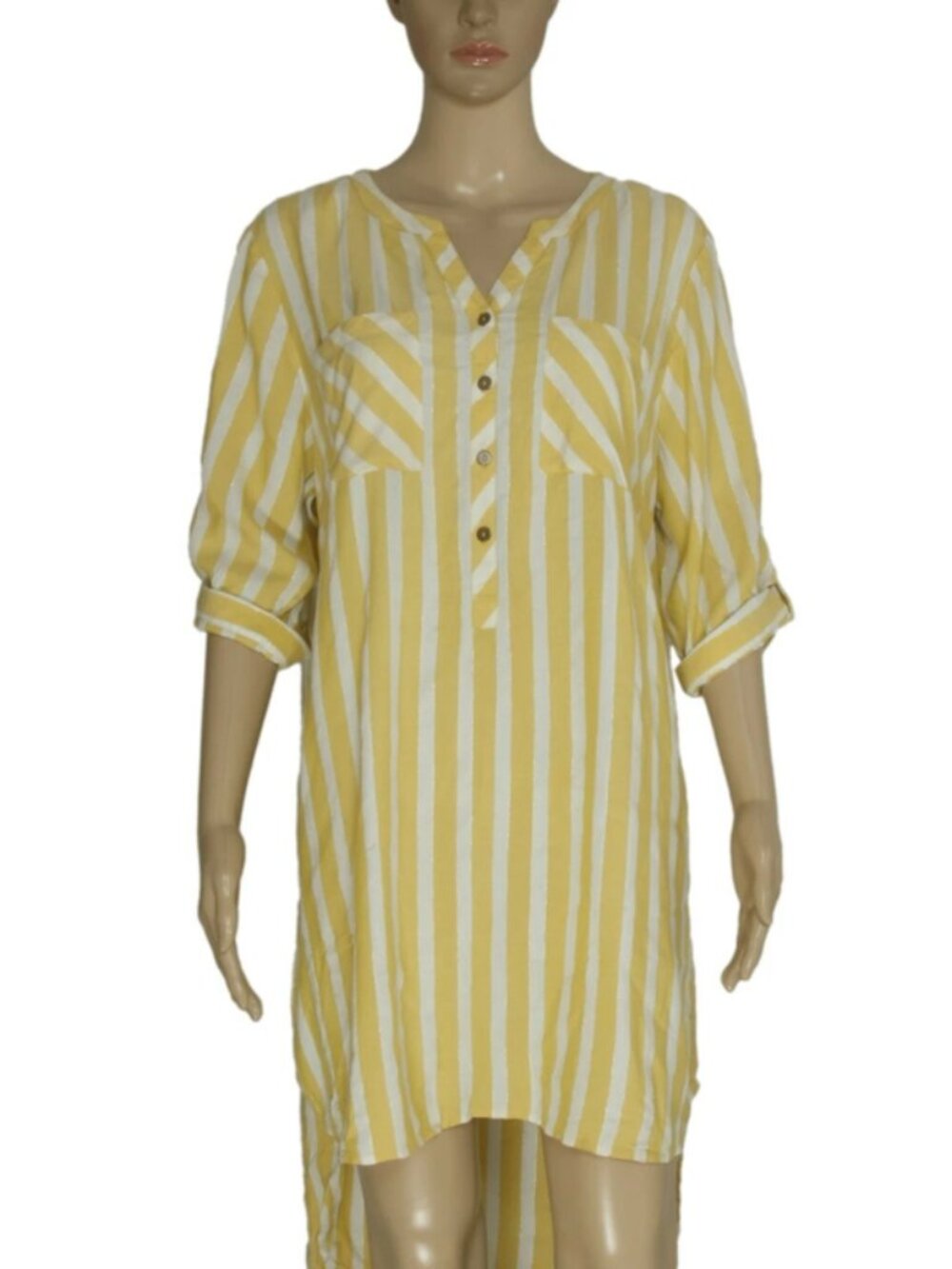 Gia Curves Yellow Striped Printed Metallic Button High Low Tunic Dress XL